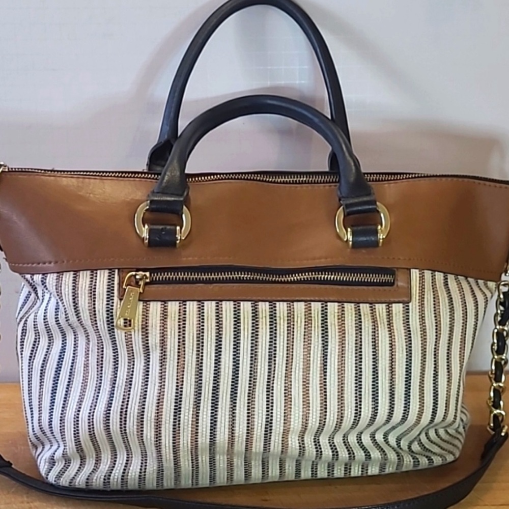 London Fog Cream,  Brown, Navy Striped  Shoulder Bag with Black Handles.